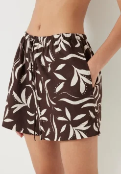 hush Shorts|Printed Linen Blend Shorts Palm Print Chocolate