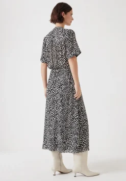 hush Dresses|Printed Short Sleeve Midi Shirt Dress Black and White Leopard