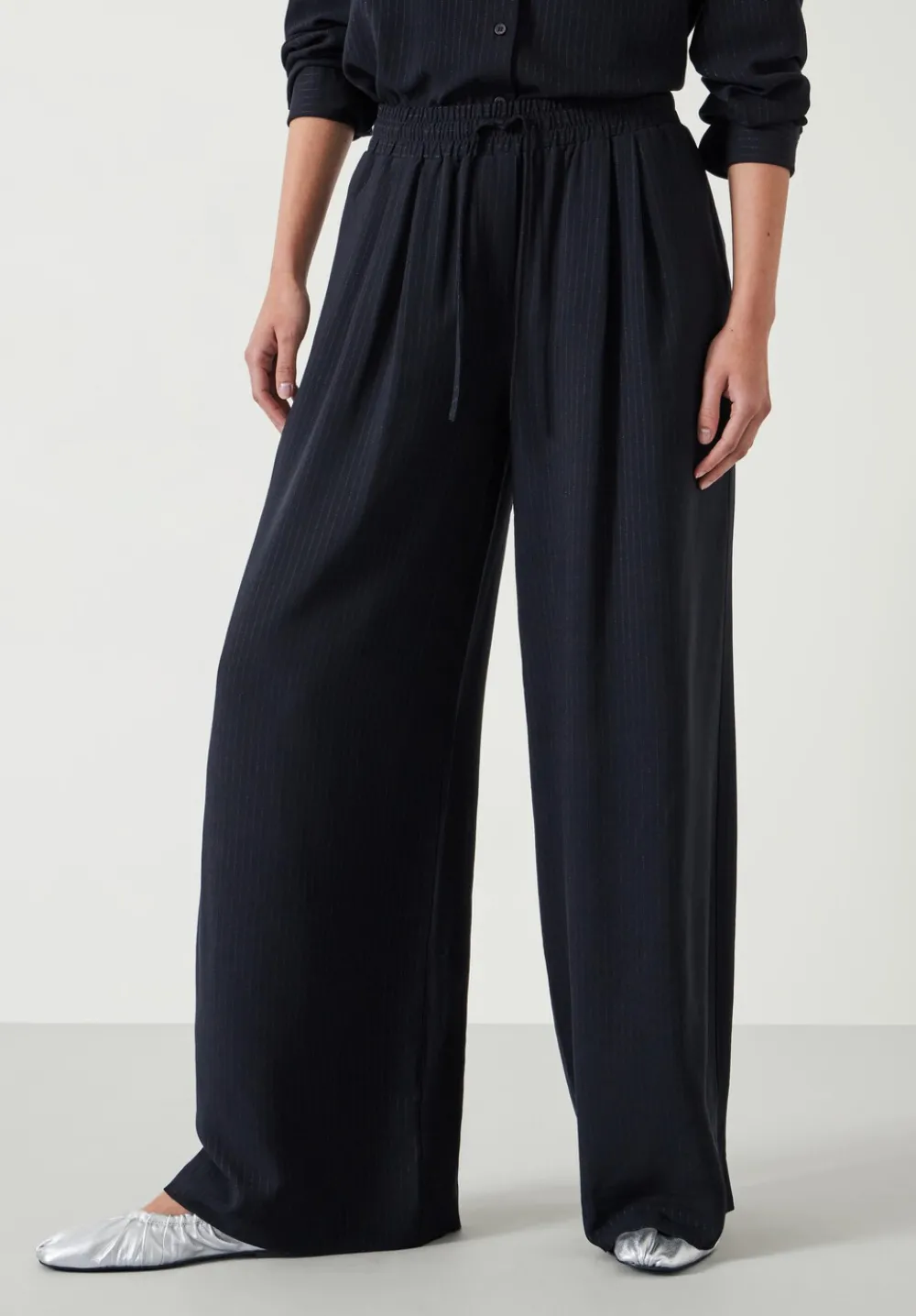 hush Trousers|Prisha Wide Leg Pinstripe Trousers Washed Black
