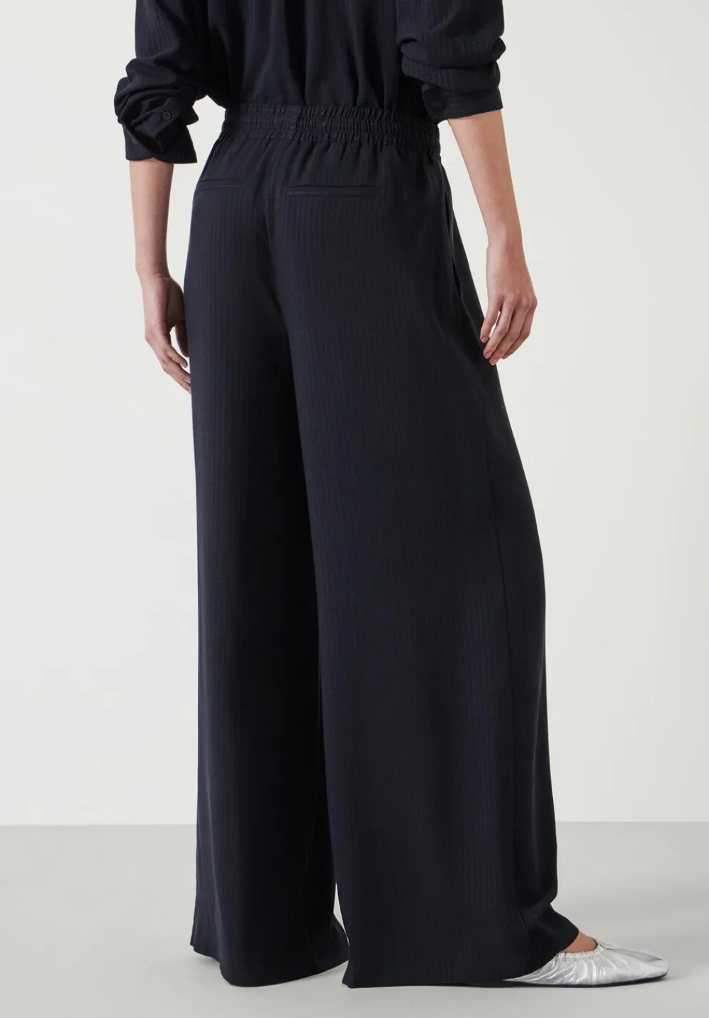 hush Trousers|Prisha Wide Leg Pinstripe Trousers Washed Black
