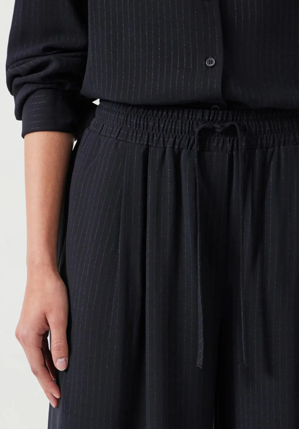 hush Trousers|Prisha Wide Leg Pinstripe Trousers Washed Black