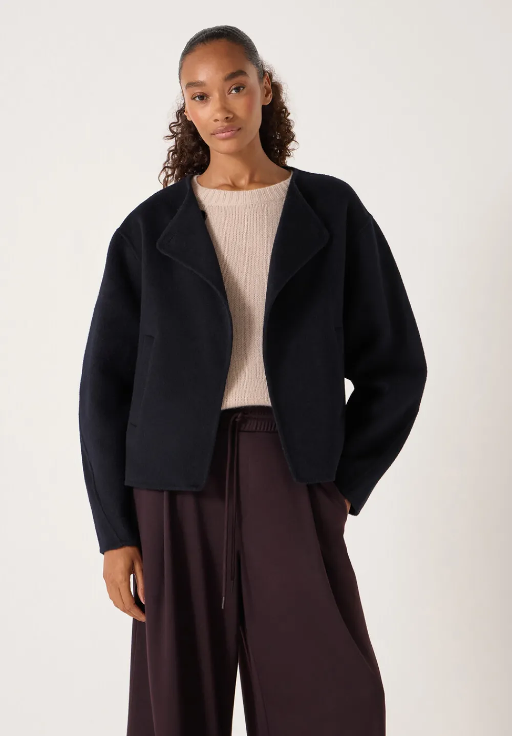 hush Jackets & Coats|Pure Wool Double Faced Collarless Jacket Dark Navy
