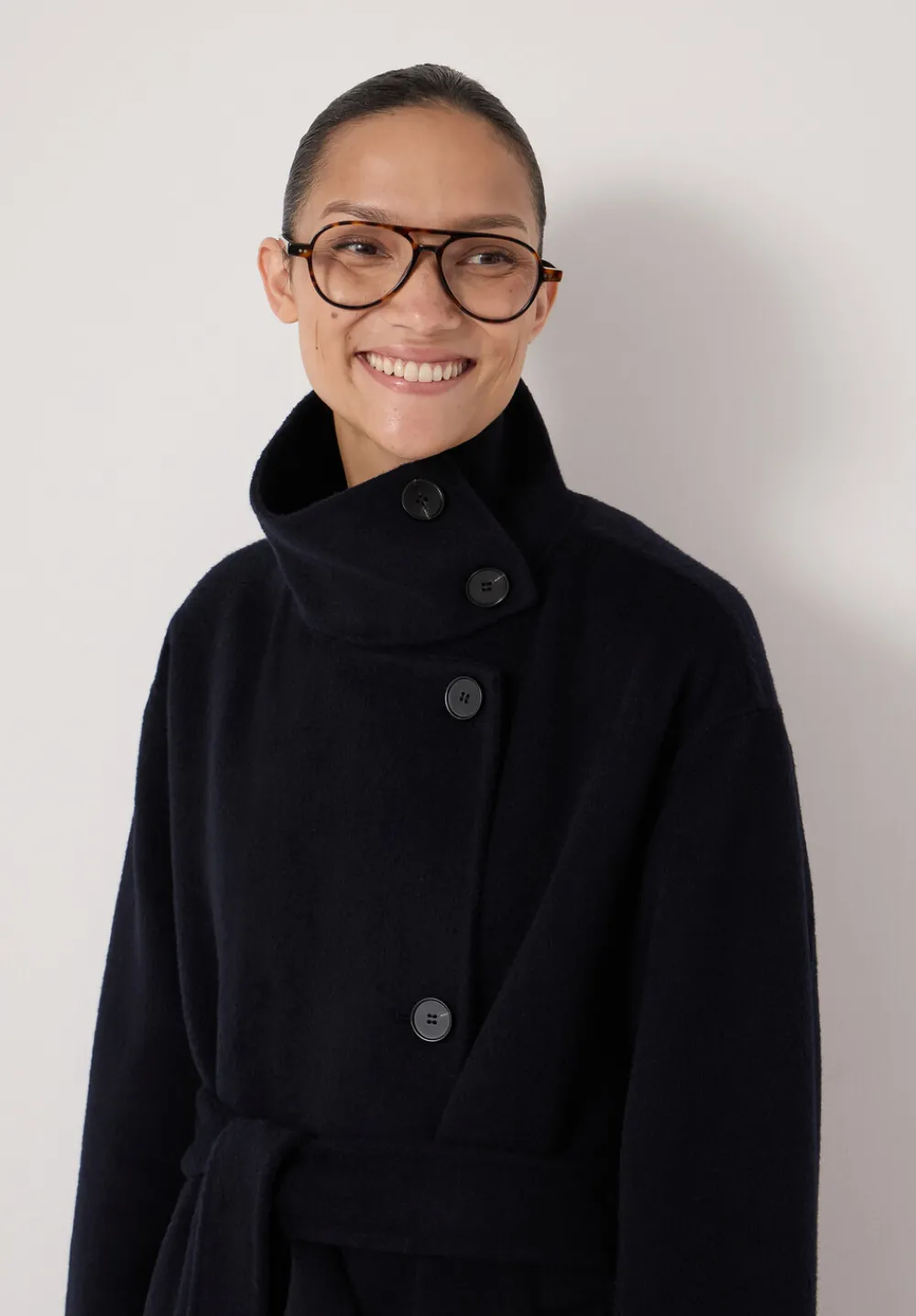 hush Jackets & Coats|Pure Wool Double Faced Funnel Neck Belted Coat Dark Navy