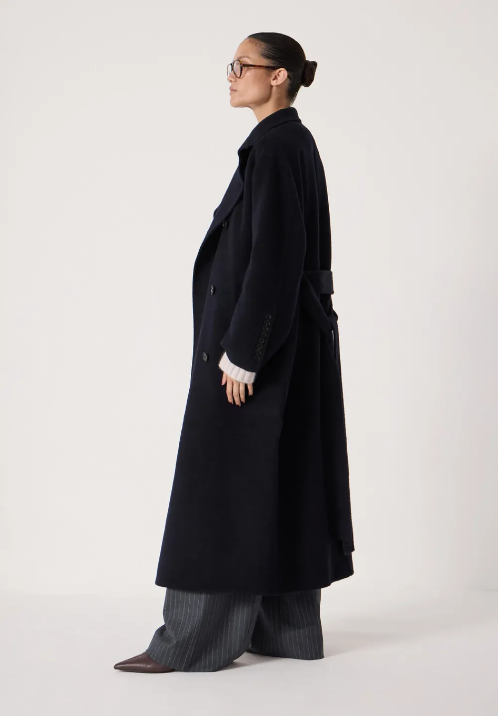 hush Jackets & Coats|Pure Wool Double Faced Funnel Neck Belted Coat Dark Navy
