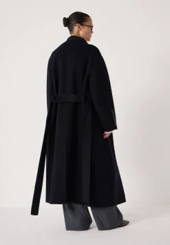 hush Jackets & Coats|Pure Wool Double Faced Funnel Neck Belted Coat Dark Navy