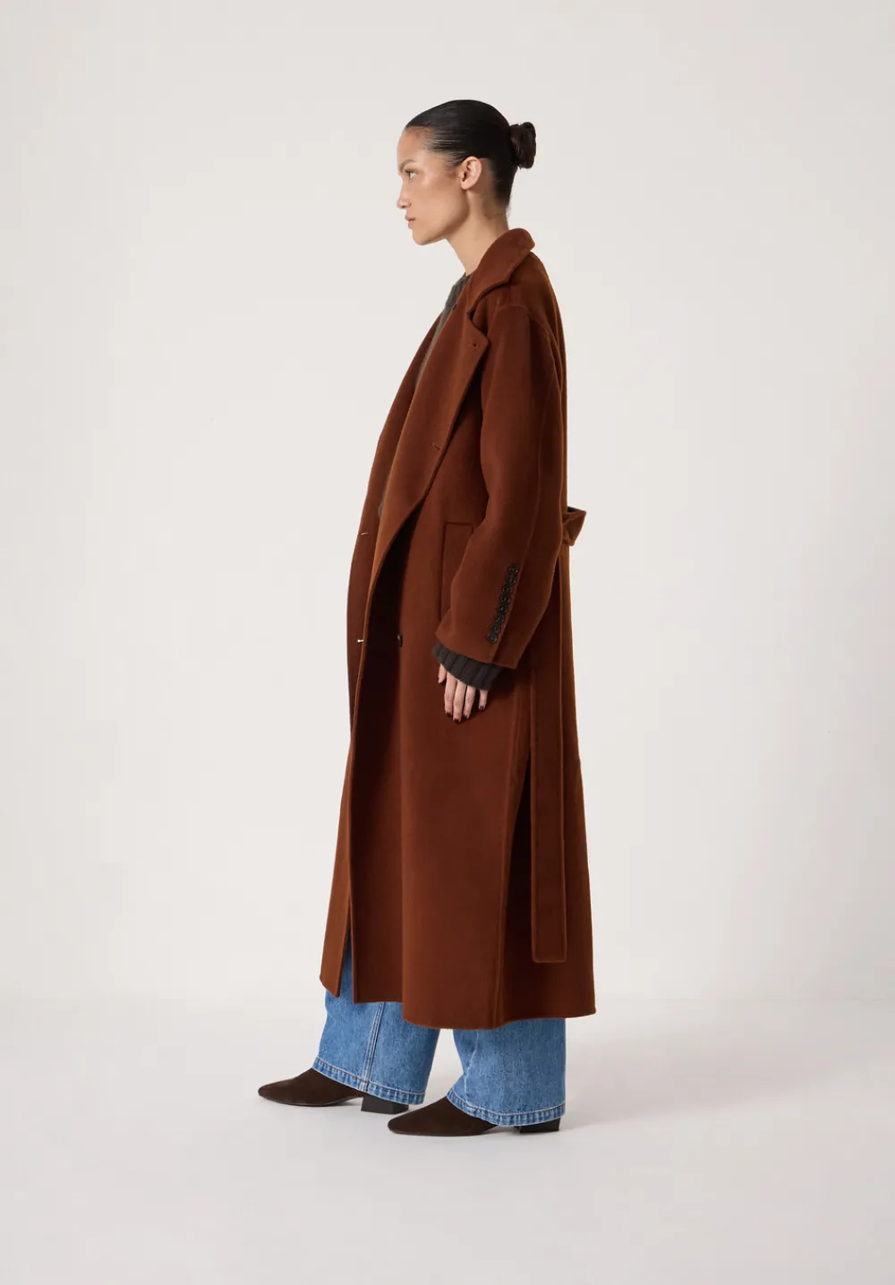 hush Jackets & Coats|Pure Wool Double Faced Funnel Neck Belted Coat Toffee Brown