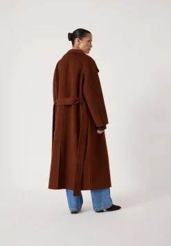 hush Jackets & Coats|Pure Wool Double Faced Funnel Neck Belted Coat Toffee Brown