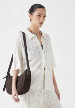 hush Bags|Raffia Crossbody Bag with Leather Strap Chocolate brown