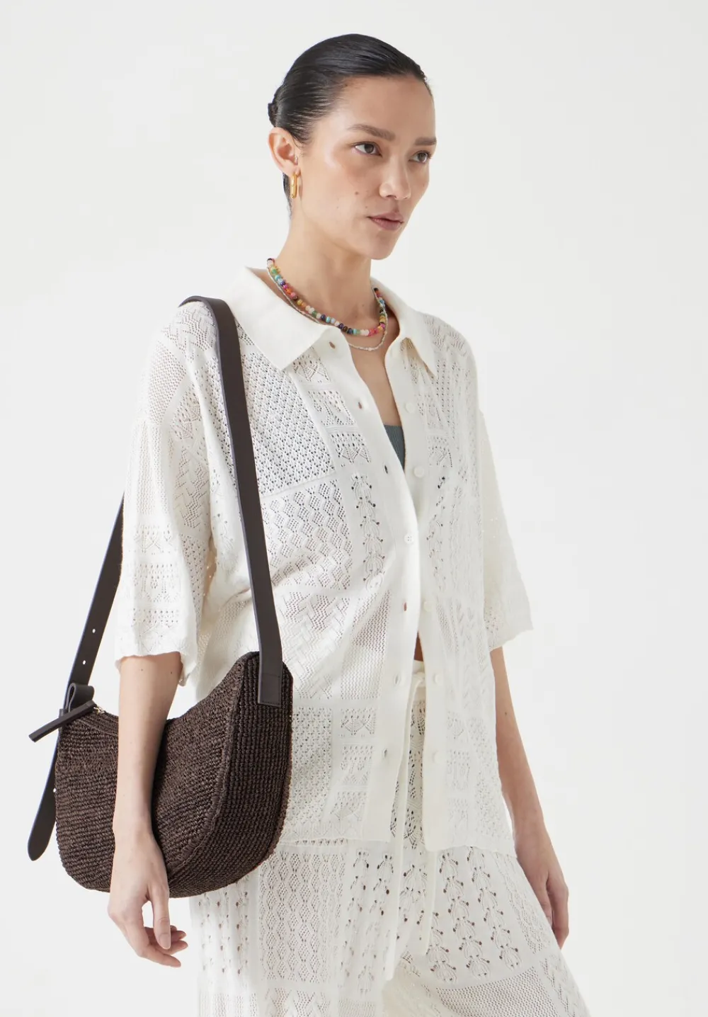 hush Bags|Raffia Crossbody Bag with Leather Strap Chocolate brown