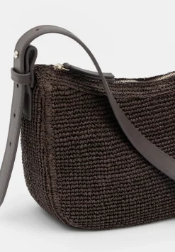 hush Bags|Raffia Crossbody Bag with Leather Strap Chocolate brown
