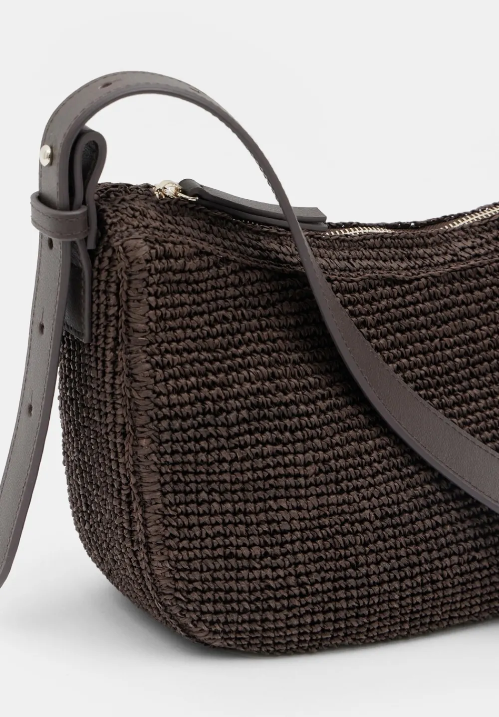 hush Bags|Raffia Crossbody Bag with Leather Strap Chocolate brown