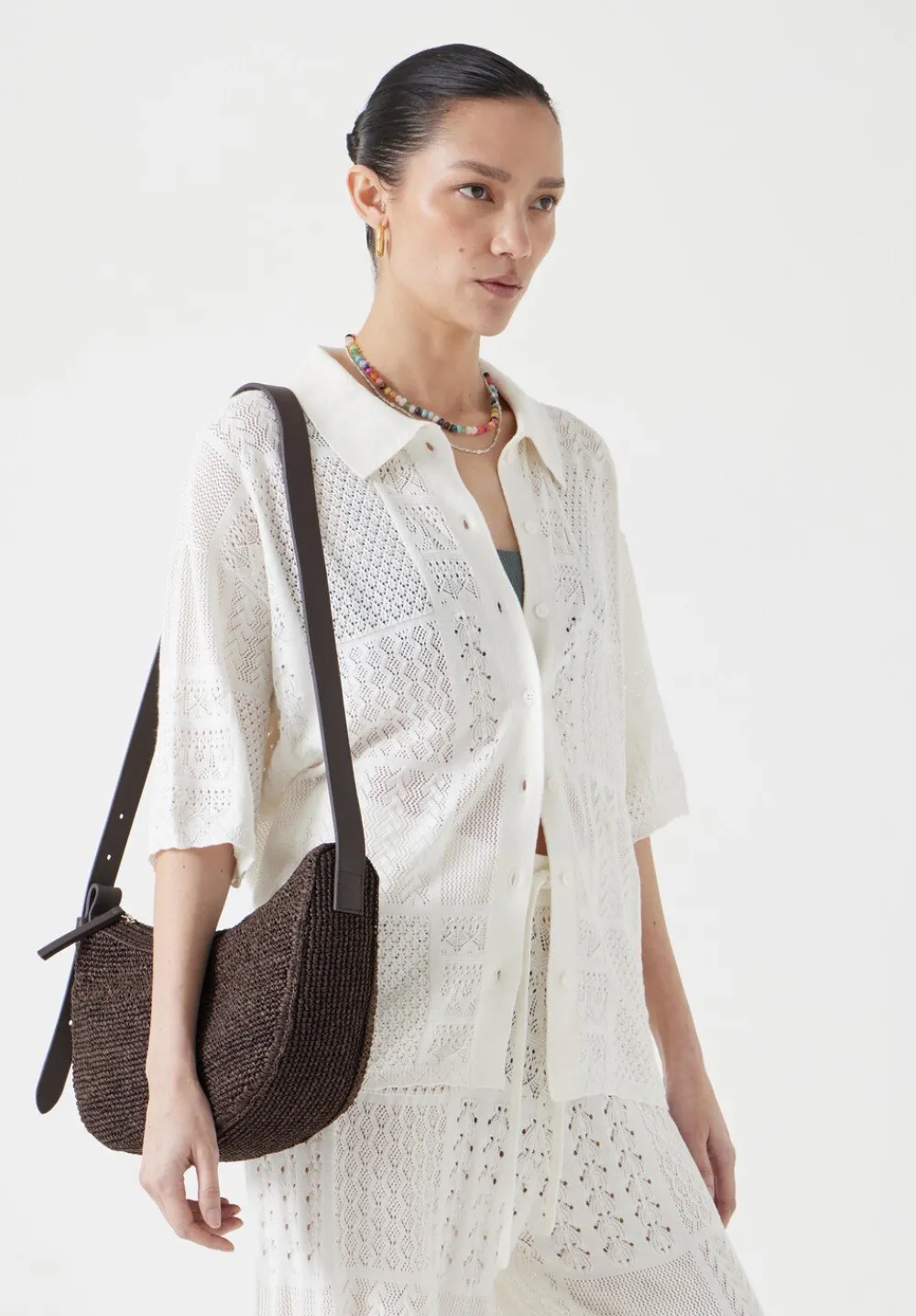 hush Bags|Raffia Crossbody Bag with Leather Strap Chocolate brown