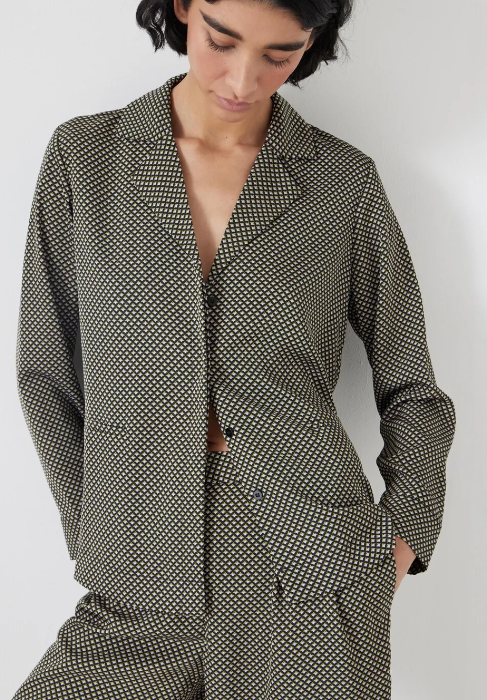 hush Shirts & Blouses|Revere Collar Long Sleeve Shirt Green Mini Geo