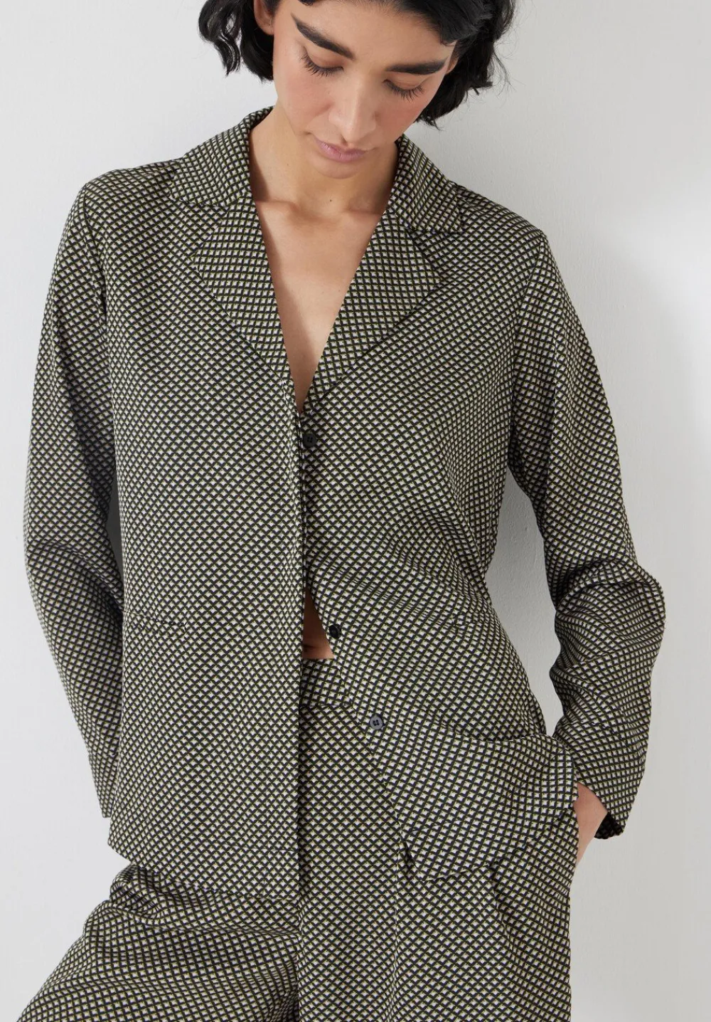 hush Shirts & Blouses|Revere Collar Long Sleeve Shirt Green Mini Geo