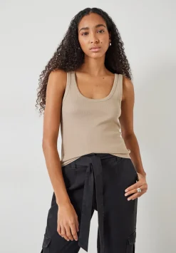 hush Tops & T-Shirts|Ribbed Low Scoop Fitted Vest Latte