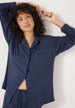 hush Pyjamas & Nightwear|Ribbed Modal Star Printed Pyjamas Dark Navy