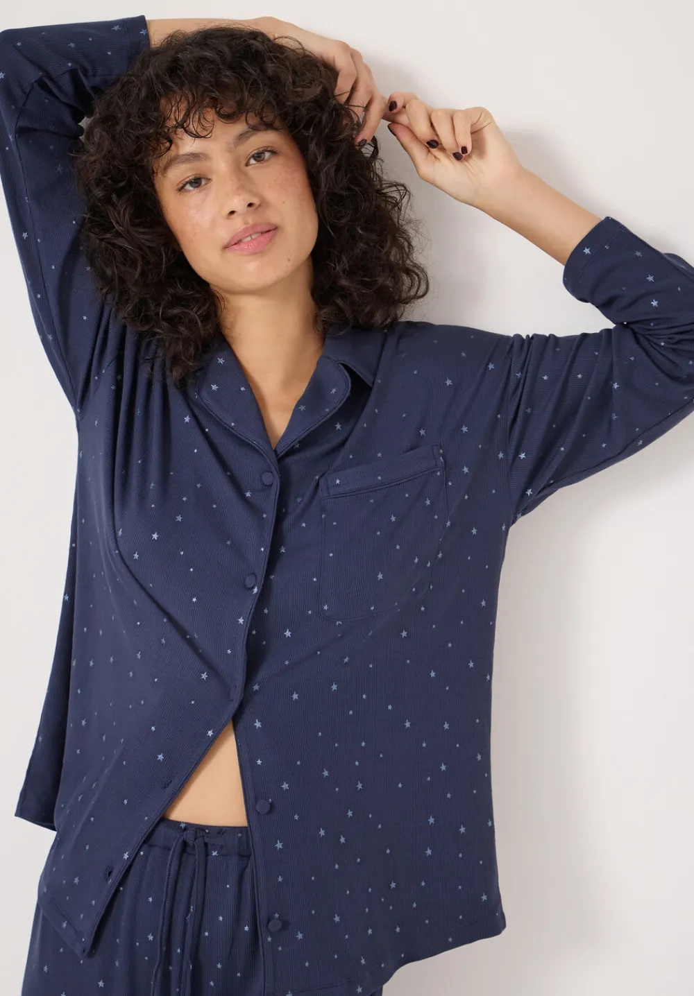 hush Pyjamas & Nightwear|Ribbed Modal Star Printed Pyjamas Dark Navy