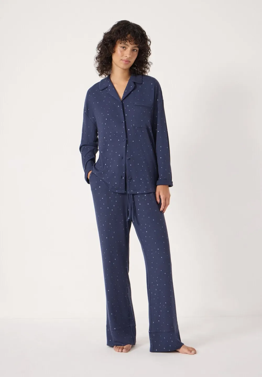 hush Pyjamas & Nightwear|Ribbed Modal Star Printed Pyjamas Dark Navy