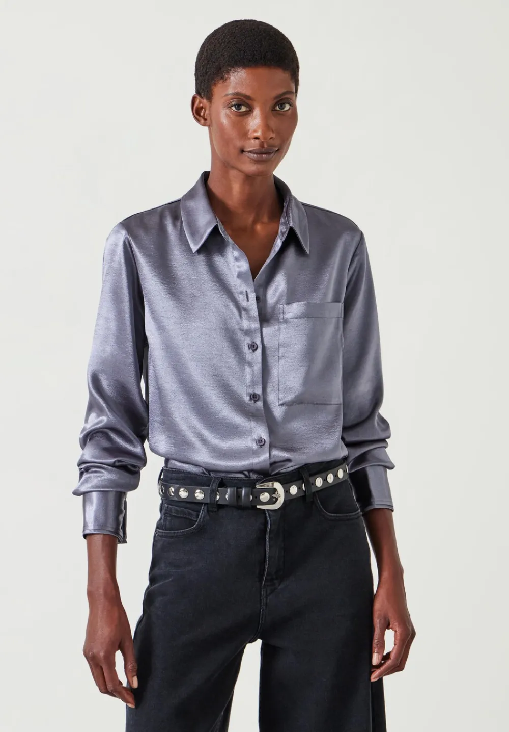 hush Shirts & Blouses|Rita Satin Shirt Gunmetal Silver