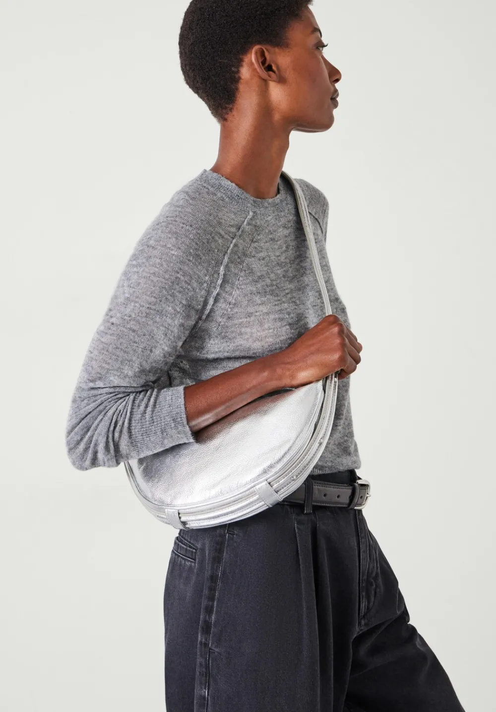 hush Bags|Rory Crescent Leather Crossbody Bag Silver