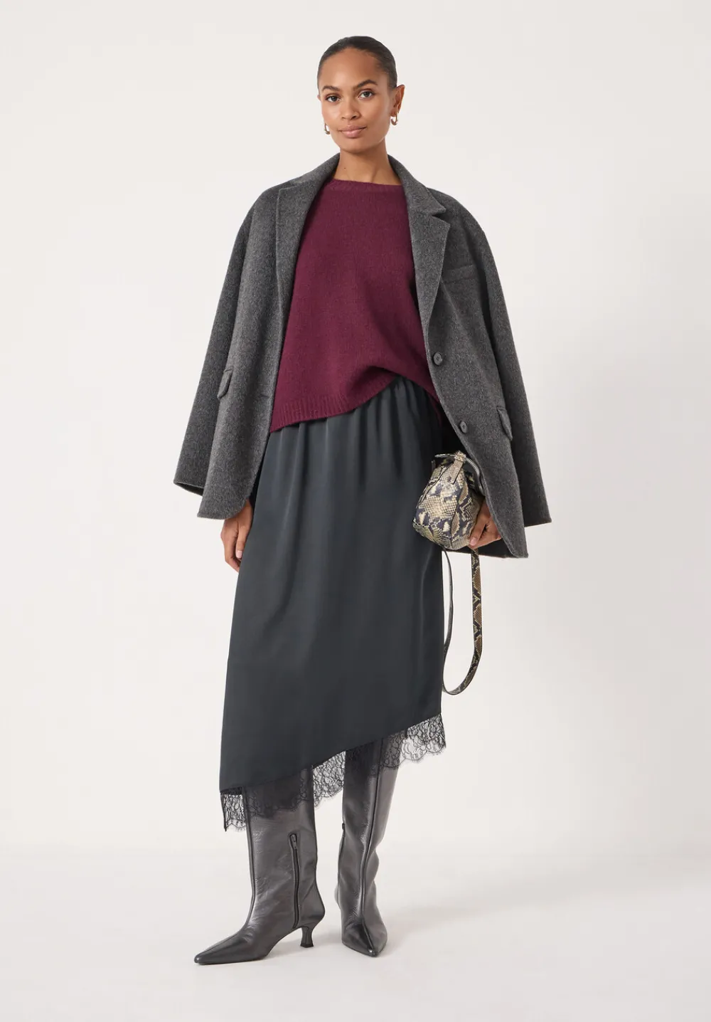 hush Skirts|Satin Asymmetric Lace Trim Skirt Black