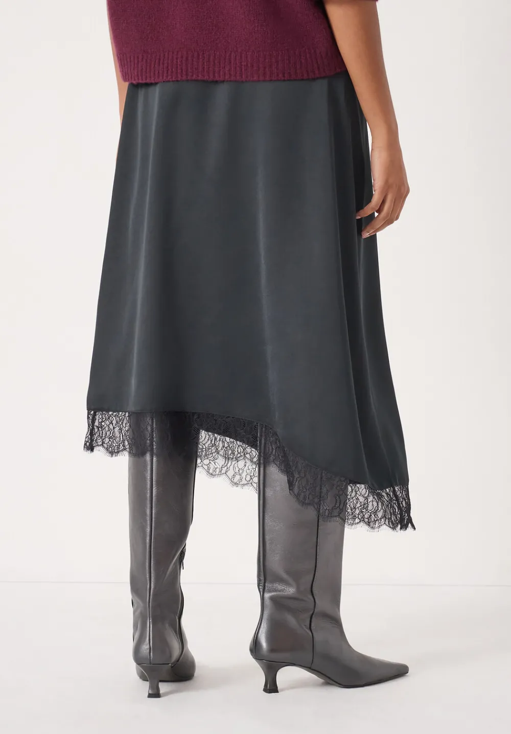 hush Skirts|Satin Asymmetric Lace Trim Skirt Black