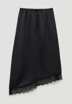hush Skirts|Satin Asymmetric Lace Trim Skirt Black