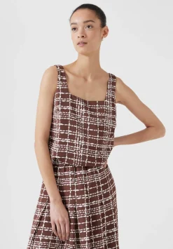 hush Tops & T-Shirts|Satin Twill Square Neckline Tank Top Brown and White Check