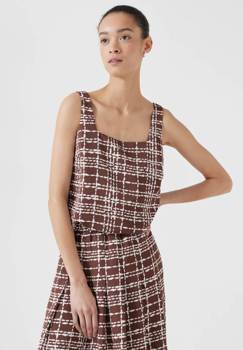hush Tops & T-Shirts|Satin Twill Square Neckline Tank Top Brown and White Check