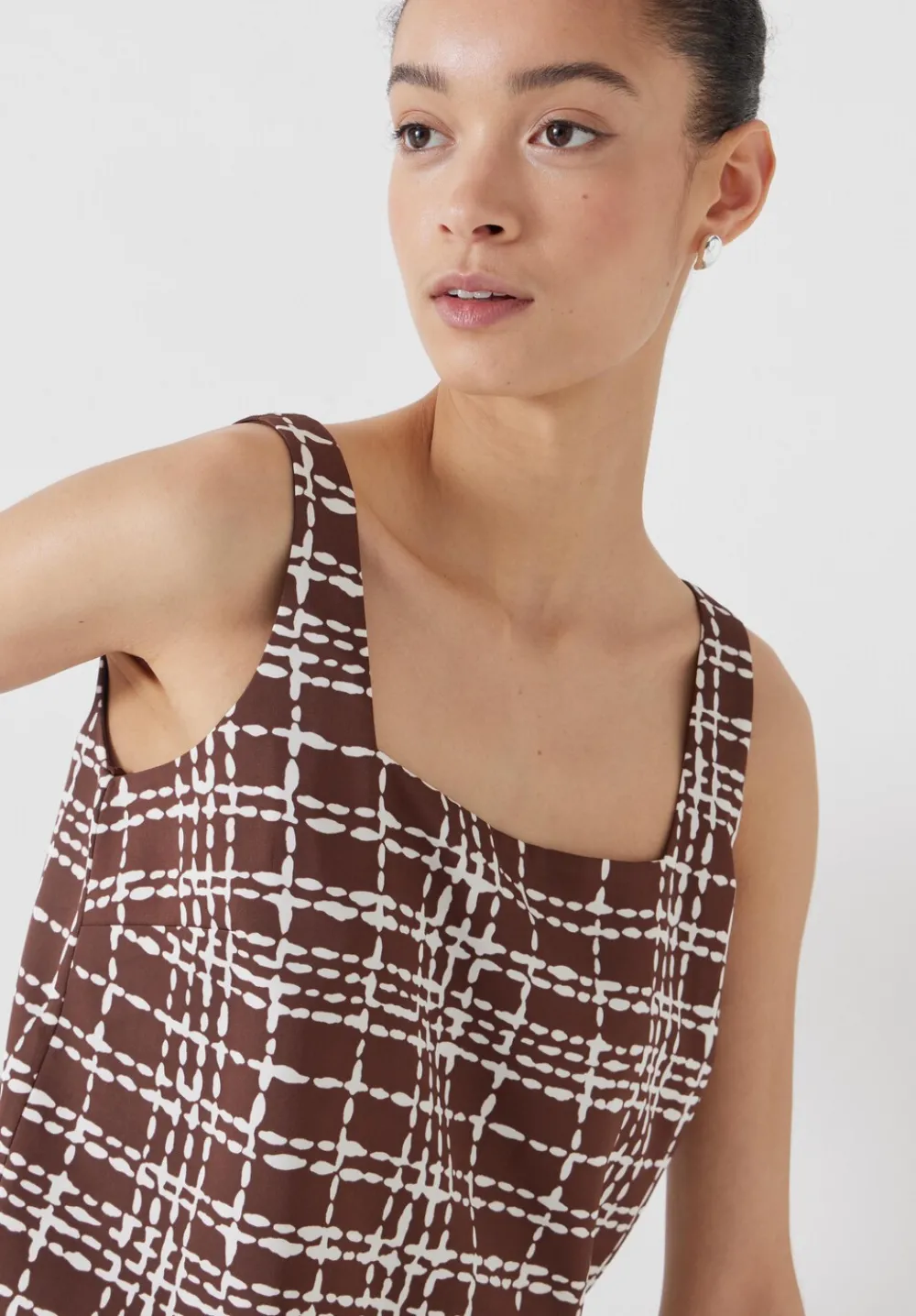 hush Tops & T-Shirts|Satin Twill Square Neckline Tank Top Brown and White Check