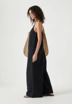 hush Jumpsuits|Dresses|Seersucker Cotton Wide Leg Jumpsuit Black