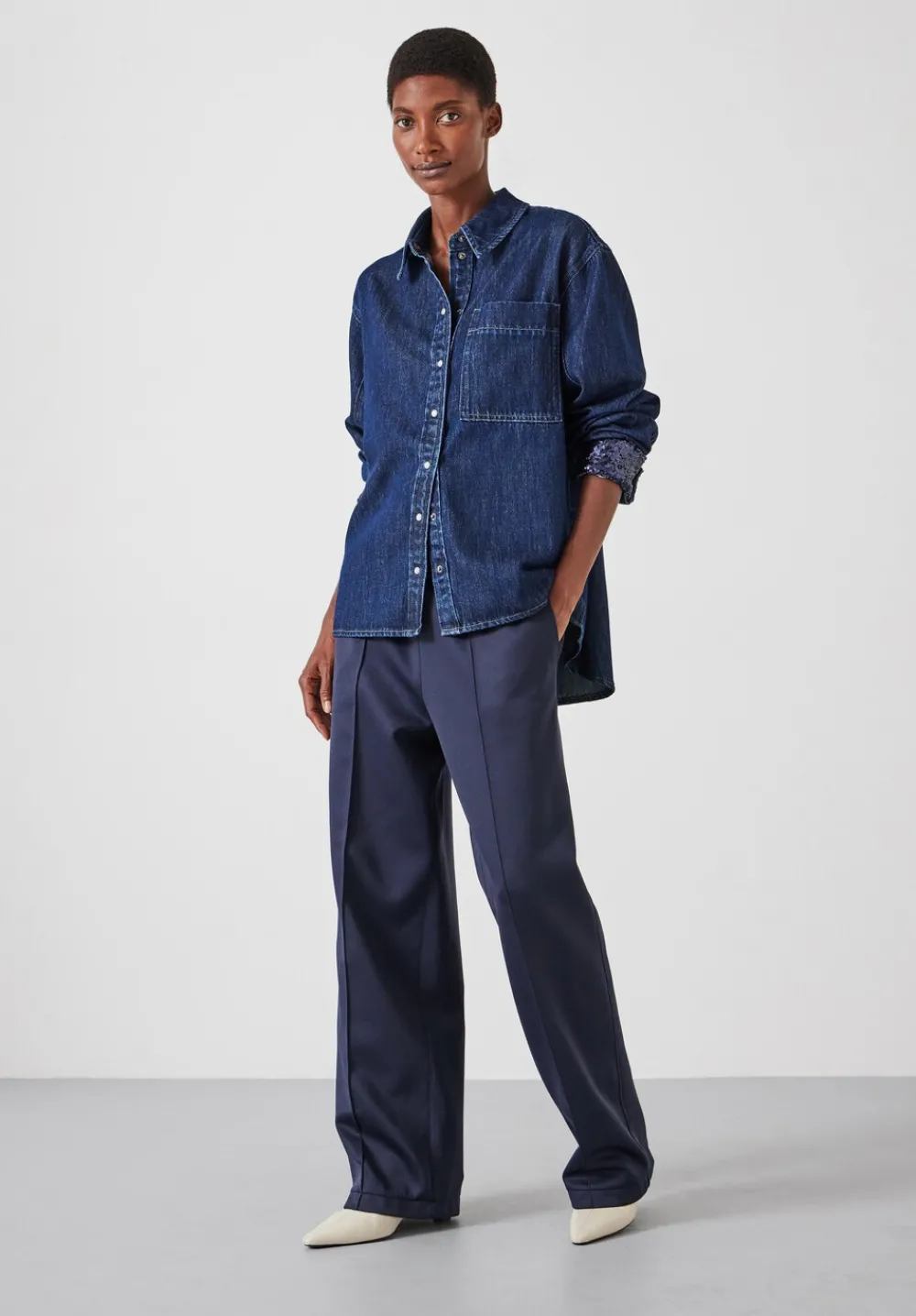 hush Tops & T-Shirts|Shirts & Blouses|Sequin Detail Denim Shirt Rinse Wash Denim Blue
