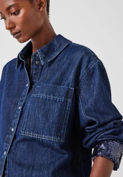 hush Tops & T-Shirts|Shirts & Blouses|Sequin Detail Denim Shirt Rinse Wash Denim Blue