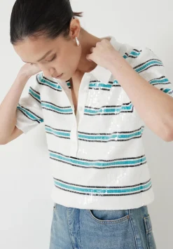 hush Tops & T-Shirts|Jumpers & Cardigans|Sequin Stripe Knitted Polo Top Ecru/ Teal Stripe