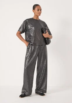 hush Joggers & Leggings|Sequin Wide Leg Trouser Charcoal Grey