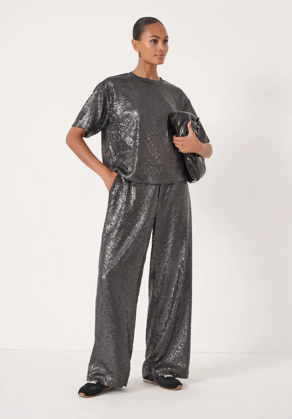 hush Joggers & Leggings|Sequin Wide Leg Trouser Charcoal Grey
