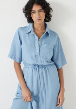 hush Dresses|Short Sleeve Chambray Midi Shirt Dress Light Blue