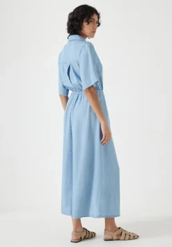 hush Dresses|Short Sleeve Chambray Midi Shirt Dress Light Blue