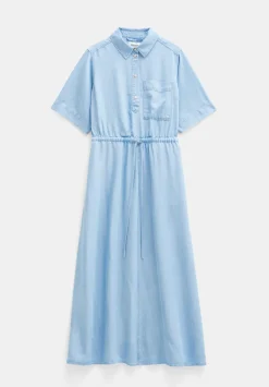 hush Dresses|Short Sleeve Chambray Midi Shirt Dress Light Blue
