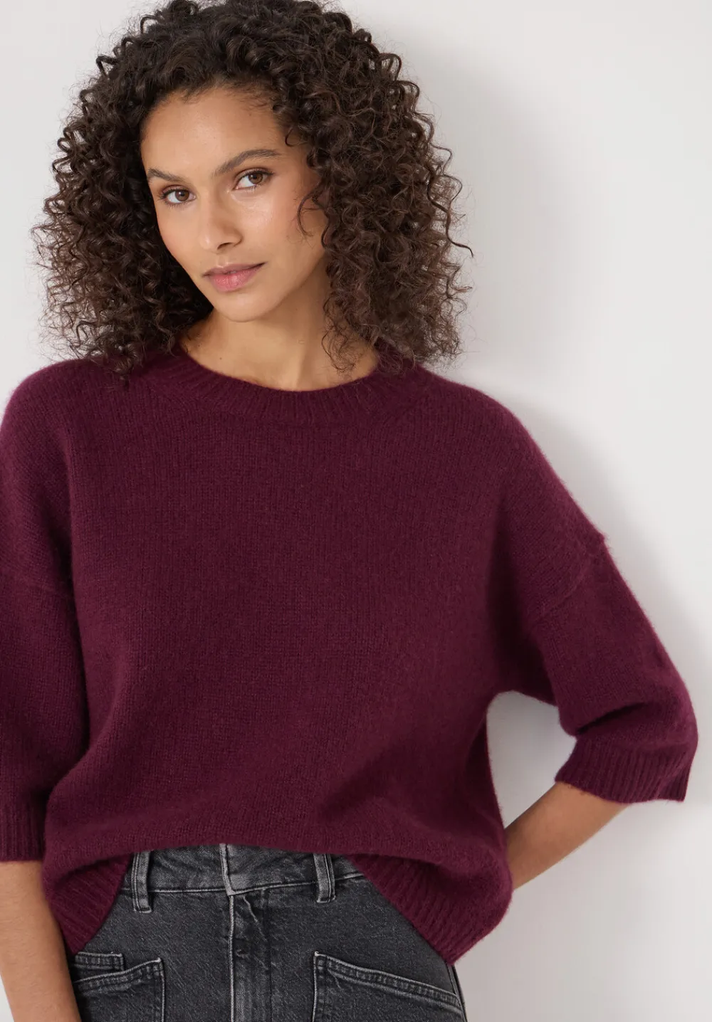 hush Jumpers & Cardigans|Short Sleeve Chunky Cashmere Tee Burgundy Purple