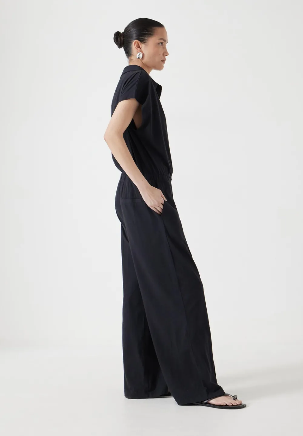 hush Jumpsuits|Dresses|Short Sleeve Wide Leg Jersey Jumpsuit Black