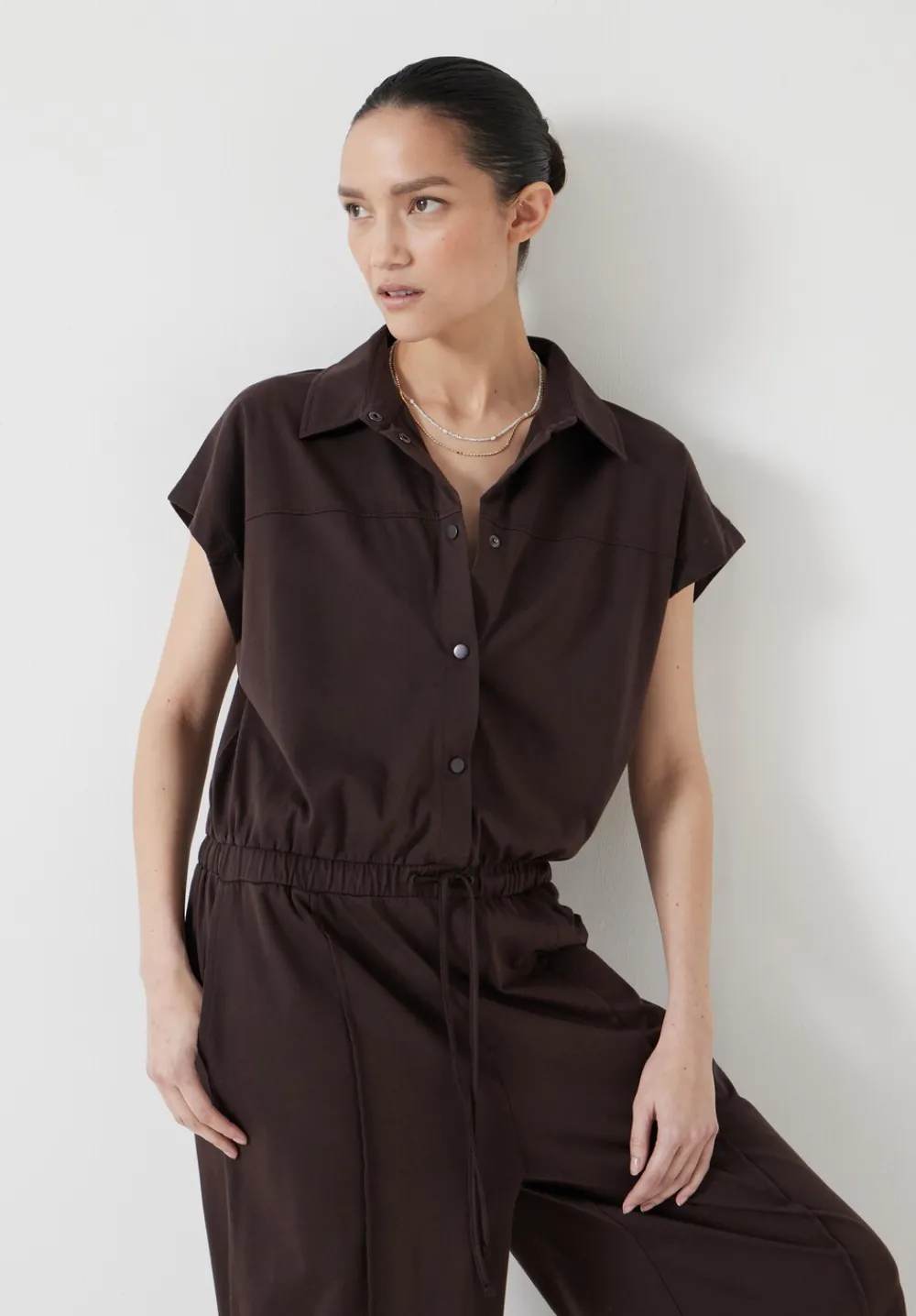 hush Jumpsuits|Dresses|Short Sleeve Wide Leg Jersey Jumpsuit Chocolate brown