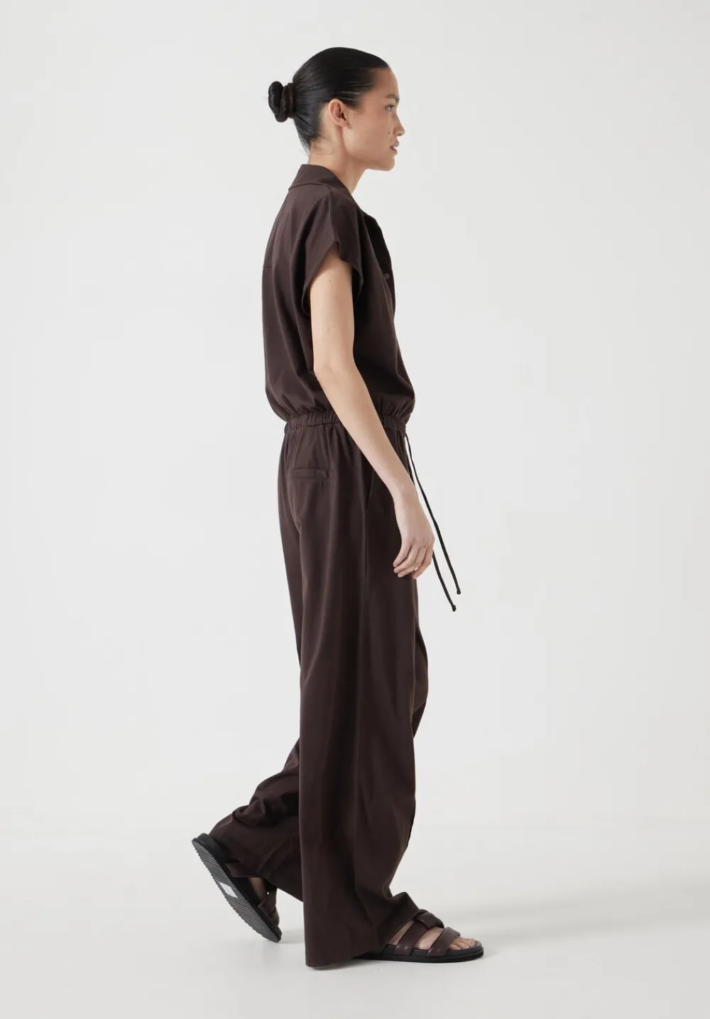 hush Jumpsuits|Dresses|Short Sleeve Wide Leg Jersey Jumpsuit Chocolate brown