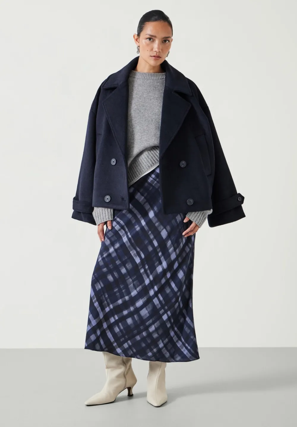 hush Skirts|Simone Crepe Midi Skirt Painted Check Navy