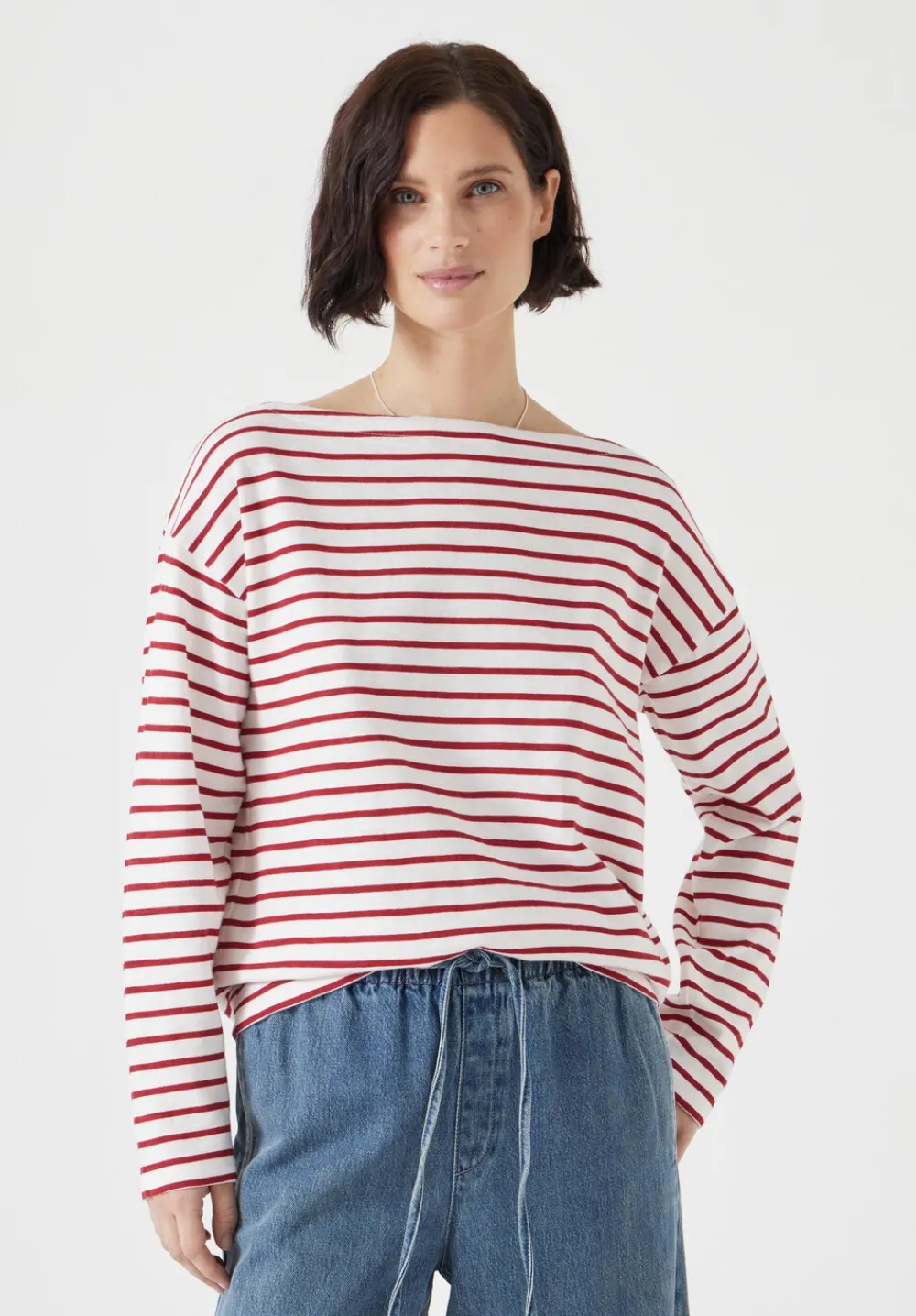 hush Tops & T-Shirts|Slash Neck Stripe Top Off White /Bright Red