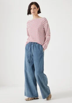 hush Tops & T-Shirts|Slash Neck Stripe Top Off White /Bright Red