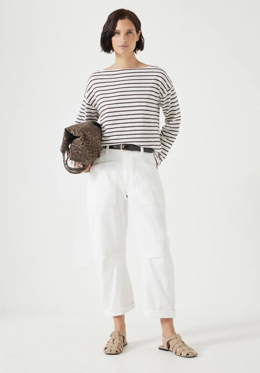 hush Tops & T-Shirts|Slash Neck Stripe Top Off White /Raisin Brown