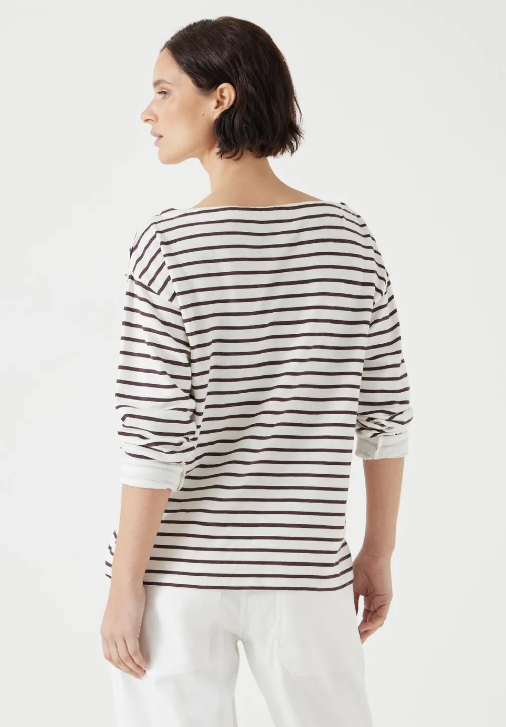 hush Tops & T-Shirts|Slash Neck Stripe Top Off White /Raisin Brown