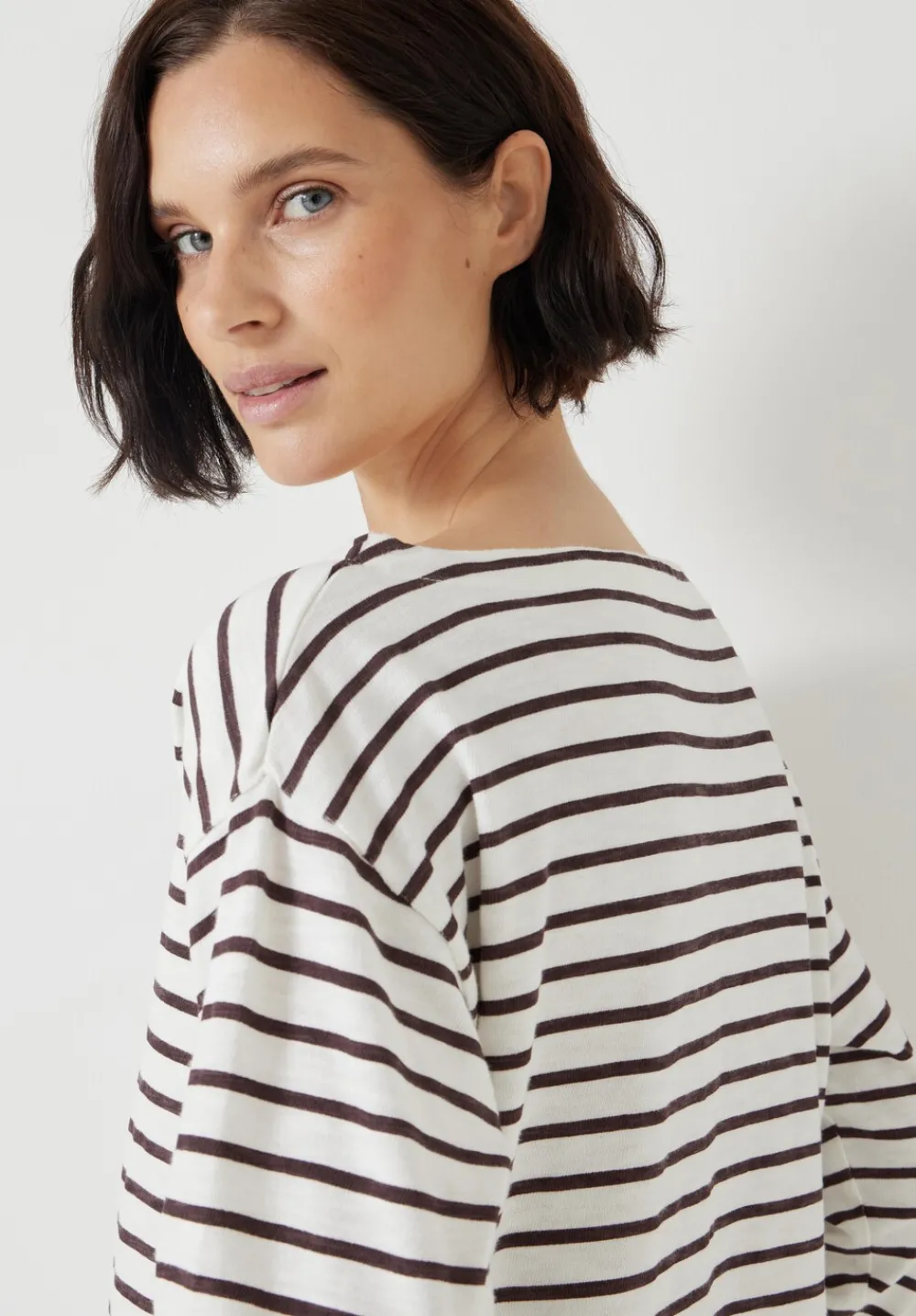 hush Tops & T-Shirts|Slash Neck Stripe Top Off White /Raisin Brown