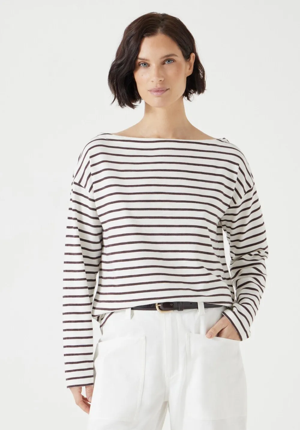 hush Tops & T-Shirts|Slash Neck Stripe Top Off White /Raisin Brown